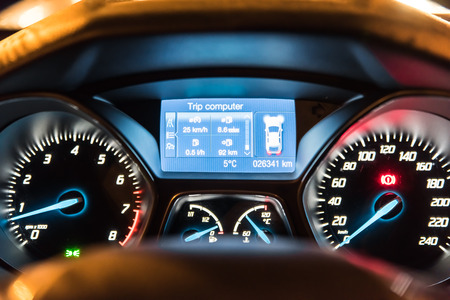 BUCHAREST, ROMANIA - JANUARY 28, 2015: Close Up Of Ford Focus Compact Car Dashboard Lights In The Night.のeditorial素材