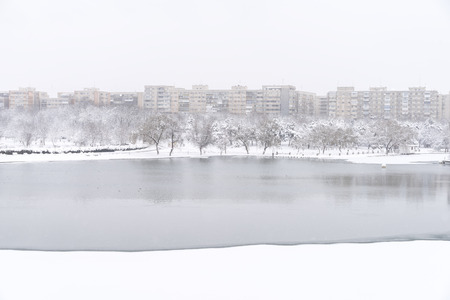 Heavy Winter Snow Over Bucharest City In Romaniaの写真素材
