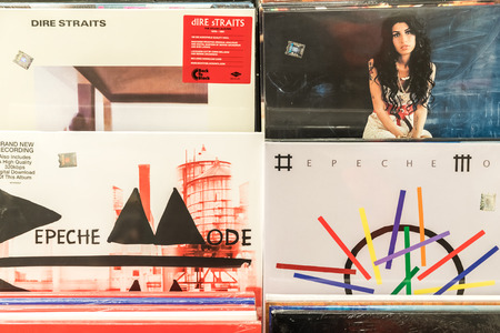 BUCHAREST, ROMANIA - FEBRUARY 13, 2015: Vinyl Records Featuring Famous Rock Music For Sale In Music Media Shop.のeditorial素材