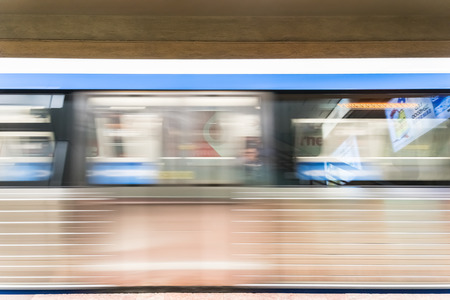 BUCHAREST, ROMANIA - JANUARY 05, 2015: Moving Train In University Square Subway Station, One Of The Busiest Subway Stations In Bucharest.のeditorial素材