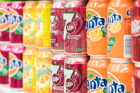 BUCHAREST, ROMANIA - FEBRUARY 22, 2015: Soda Drinks On Supermarket Stand.のeditorial素材