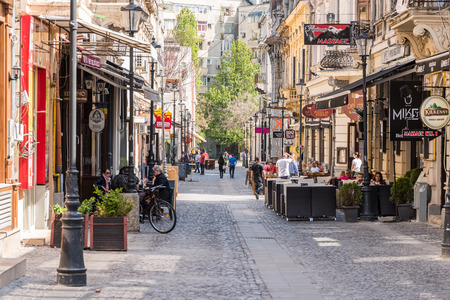 BUCHAREST ROMANIA  MAY 05 2015: People Enjoy Spring Time Downtown Lipscani Street. Lipscani is one of the most busiest and oldest street of Bucharest.のeditorial素材