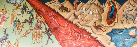 BUCHAREST  ROMANIA  MAY 10 2015: Heaven Versus Hell Biblical Scene Painting In The Orthodox Church Of The New Saint George.のeditorial素材