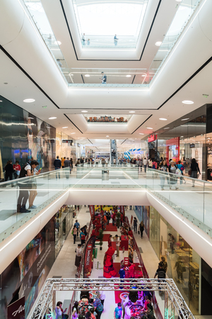 BUCHAREST ROMANIA  MAY 16 2015: People Shopping In Luxury Shopping Mall Interior.のeditorial素材