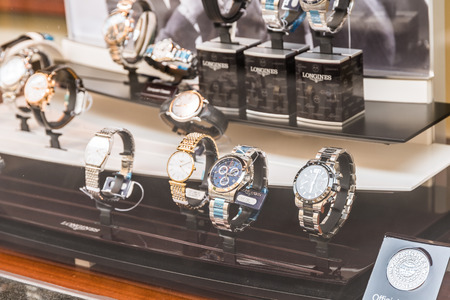 BUCHAREST ROMANIA  MAY 19 2015: Luxury Watches For Sale In Shop Window Display.
