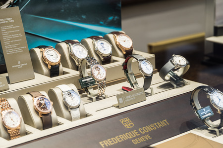 BUCHAREST ROMANIA  MAY 19 2015: Luxury Watches For Sale In Shop Window Display.のeditorial素材