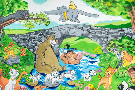 BUCHAREST ROMANIA  MAY 20 2015: Disney Cartoon Characters Graffiti In Youths Public Amusement Park Tineretului Park.のeditorial素材