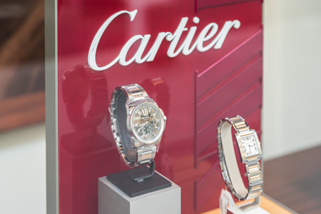 BUCHAREST ROMANIA  MAY 23 2015: Luxury Watches For Sale In Shop Window Display.のeditorial素材