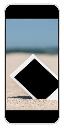 Blank Retro Instant Photos On Beach Sand In Summer On Smartphone