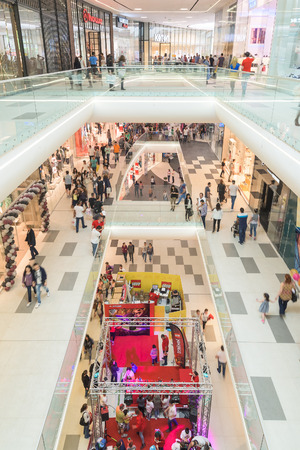 BUCHAREST, ROMANIA - JULY 14, 2015: People Crowd Rush In Shopping Luxury Mall Interior.のeditorial素材