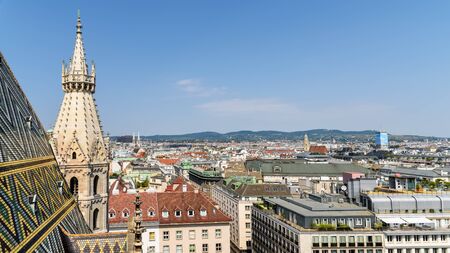VIENNA, AUSTRIA - AUGUST 10, 2015: Aerial View Of Vienna City Skyline From The Most Prominent Building, The Stephansdom, Vienna's cathedral.のeditorial素材