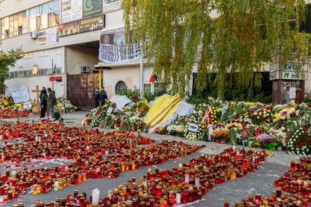 BUCHAREST, ROMANIA - NOVEMBER 04, 2015: Candles Lit In Memory Of The 32 Dead People And 150 Wounded In The Fire At Club Colectiv, One Of The Biggest Disasters In Bucharest.のeditorial素材