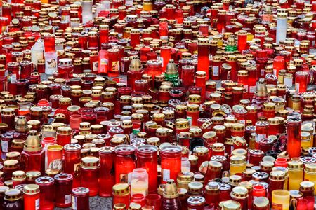 BUCHAREST, ROMANIA - NOVEMBER 04, 2015: Candles Lit In Memory Of The 32 Dead People And 150 Wounded In The Fire At Club Colectiv, One Of The Biggest Disasters In Bucharest.のeditorial素材