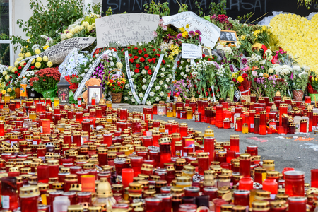 BUCHAREST, ROMANIA - NOVEMBER 04, 2015: Candles Lit In Memory Of The 32 Dead People And 150 Wounded In The Fire At Club Colectiv, One Of The Biggest Disasters In Bucharest.のeditorial素材