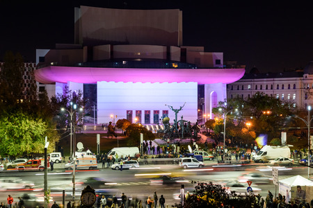 BUCHAREST, ROMANIA - NOVEMBER 04, 2015: People Gather In University Square And In Front Of National Theater On The Second Day Of Protest Against Corruption And Romanian Government.のeditorial素材
