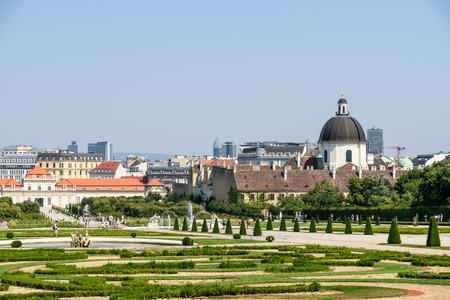 VIENNA, AUSTRIA - AUGUST 28, 2015: Belvedere is a historic building complex in Vienna, consisting of two Baroque palaces the Upper and Lower Belvedere, the Orangery, and the Palace Stables.のeditorial素材