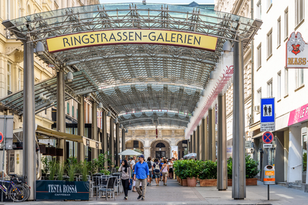 VIENNA, AUSTRIA - AUGUST 08, 2015: Ringstrassen-Galerien is a complex of two different buildings connected by a glass bridge, making it one of the most important shopping centers in the city.のeditorial素材