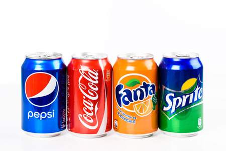 BUCHAREST, ROMANIA - JANUARY 16, 2016: Pepsi, Coca Cola, Sprite And Fanta are the most famous carbonated soft drinks sold in stores, restaurants, and vending machines all around the world.