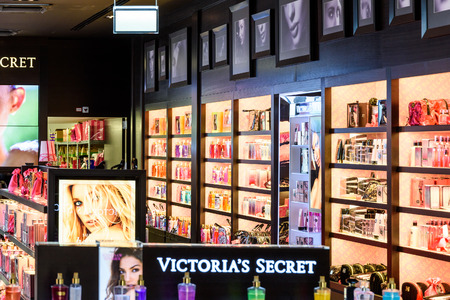 VIENNA, AUSTRIA - AUGUST 12, 2015: Founded in 1977 Victoria's Secret is an American designer, manufacturer and marketer of women's premium lingerie, womenswear and beauty products.のeditorial素材
