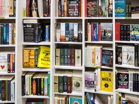 BUCHAREST, ROMANIA - FEBRUARY 11, 2016: English Books For Sale On Library Shelf.のeditorial素材