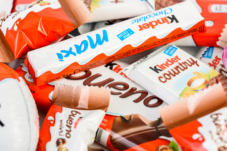 BUCHAREST, ROMANIA - DECEMBER 04, 2015: Kinder Chocolate is a confectionery product brand line of Italian confectionery multinational Ferrero.のeditorial素材