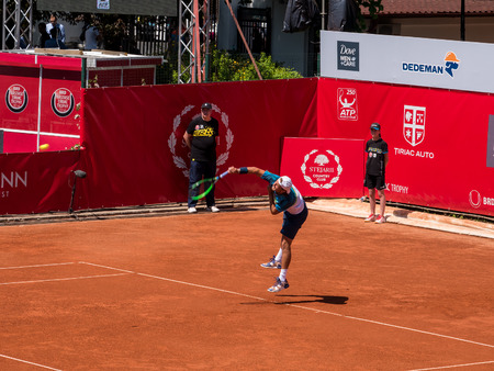 BUCHAREST, ROMANIA - APRIL 23, 2016: Federico Delbonis and Lucas Pouille Semifinals Match At BRD Nastase Tiriac Trophy.のeditorial素材