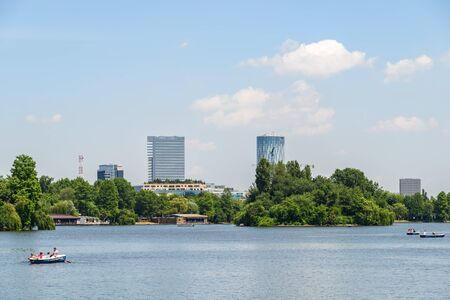 BUCHAREST, ROMANIA - JUNE 01, 2016: People Boat Ride On Herastrau Lake In Herastrau Public Park.のeditorial素材