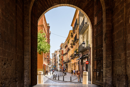 VALENCIA, SPAIN - JULY 21, 2016: Gate Of Torres de Quart A Pair Of Twin Towers That Were Part Of The Medieval Defense Wall Surrounding Old Town of Valencia City.のeditorial素材