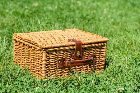 Picnic Basket Hamper With Leather Handle In Green Grassの写真素材