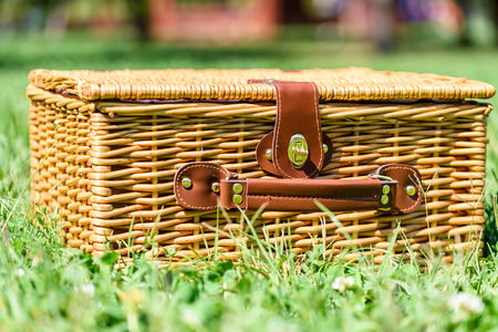 Picnic Basket Hamper With Leather Handle In Green Grassの写真素材