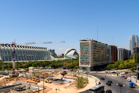 VALENCIA, SPAIN - JULY 25, 2016: Downtown View Of Valencia City Buildings With Calatrava City Of Arts And Sciences In Sight.のeditorial素材