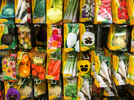 BUCHAREST, ROMANIA -  APRIL 29, 2016: Agriculture Seeds For Vegetable Plants On Sale In Supermarket Stand.のeditorial素材