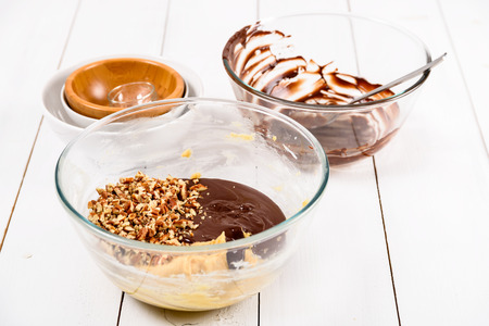 Cooking Pecan Chocolate Cookies On Kitchen Tableの写真素材