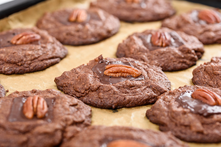 Pecan Chocolate Cookies In Trayの写真素材