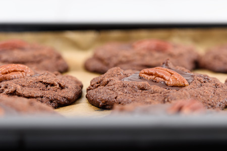 Pecan Chocolate Cookies In Trayの写真素材