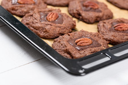 Pecan Chocolate Cookies In Trayの写真素材