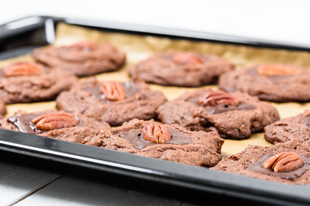 Pecan Chocolate Cookies In Trayの写真素材