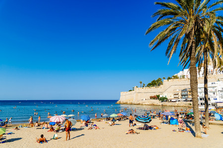 VALENCIA, SPAIN - JULY 28, 2016: People Having Fun In Water And Relaxing In Peniscola Beach Resort At Mediterranean Sea In Spain.のeditorial素材