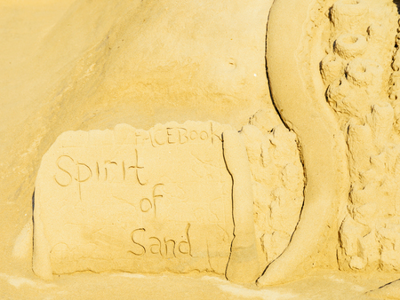 VALENCIA, SPAIN - JULY 28, 2016: Facebook The Spirit Of Sand Sculpture On Peniscola Beach Resort At Mediterranean Sea.のeditorial素材