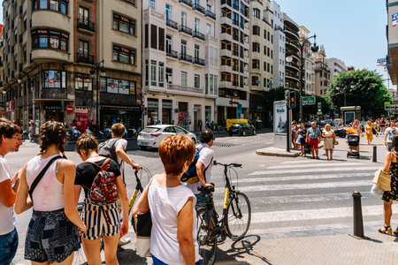 VALENCIA, SPAIN - AUGUST 01, 2016: People Walking Downtown Valencia City In Spain.のeditorial素材