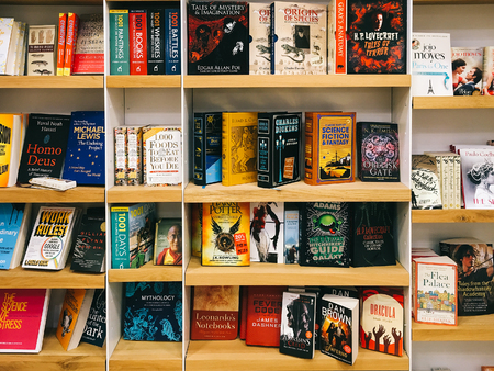 BUCHAREST, ROMANIA - JANUARY 24, 2017: Science Fiction Literature Books For Sale In Bookstore Shelves.のeditorial素材