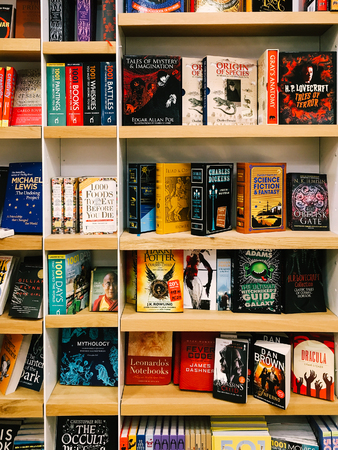 BUCHAREST, ROMANIA - JANUARY 24, 2017: Science Fiction Literature Books For Sale In Bookstore Shelves.のeditorial素材