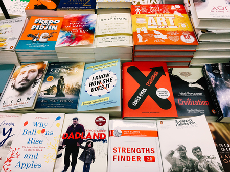 BUCHAREST, ROMANIA - APRIL 21, 2017: Modern And Classic Literature Books For Sale In Library Book Store.のeditorial素材