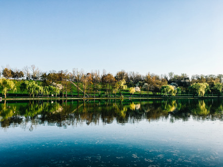 Beautiful Spring Trees Reflections In Water Lake Of Tineretului Park In Bucharest, Romania.の写真素材