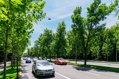 BUCHAREST, ROMANIA - MAY 24, 2017: Kiseleff Road is a major boulevard in Bucharest that runs as a northward continuation of Victory Street (Calea Victoriei).のeditorial素材