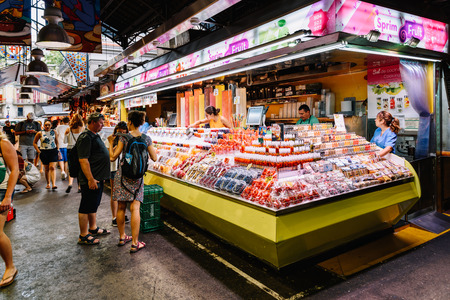 BARCELONA, SPAIN - AUGUST 05, 2016: Fresh Fruits For Sale In Barcelona Market (Mercat de Sant Josep de la Boqueria), a large public market and a tourist landmark with entrance from La Rambla street.のeditorial素材