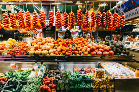 BARCELONA, SPAIN - AUGUST 05, 2016: Fresh Vegetables For Sale In Barcelona Market (Mercat de Sant Josep de la Boqueria), a large public market and tourist landmark with entrance from La Rambla street.のeditorial素材