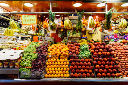 BARCELONA, SPAIN - AUGUST 05, 2016: Fresh Fruits For Sale In Barcelona Market (Mercat de Sant Josep de la Boqueria), a large public market and a tourist landmark with entrance from La Rambla street.のeditorial素材