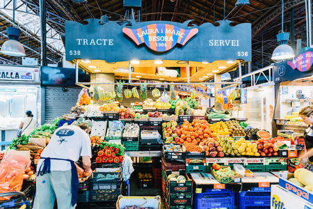 BARCELONA, SPAIN - AUGUST 05, 2016: Fresh Fruits For Sale In Barcelona Market (Mercat de Sant Josep de la Boqueria), a large public market and a tourist landmark with entrance from La Rambla street.のeditorial素材