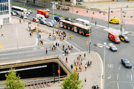 BARCELONA, SPAIN - AUGUST 05, 2016: Aerial Panoramic View Of High Traffic And People In Downtown Barcelona City Of Spain.のeditorial素材